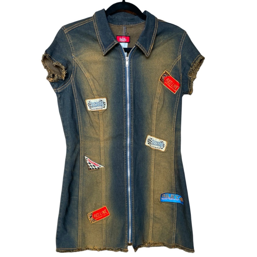 Estrilo Vintage Denim Mini Dress with racing patches Size large
